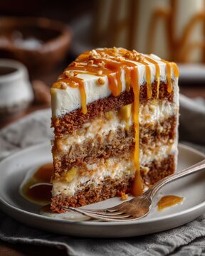 Caramel Drip Layer Cake Slice with Cream Frosting