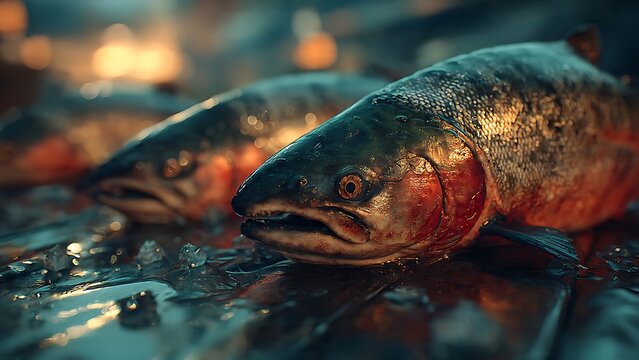 Fresh trout resting on wet ice in fish market display