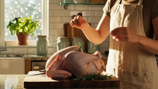 Cook stuffs raw turkey with rosemary herbs in kitchen. Person prepares turkey for cooking on board. Cook adds rosemary to turkey cavity. Kitchen preparation of turkey with fresh rosemary herbs.