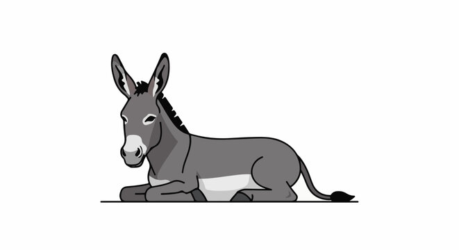 A cartoon donkey rests on a white background with its legs tucked under