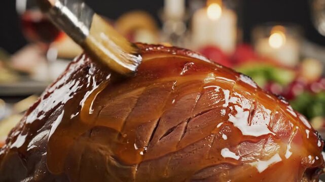 A chef's hand delicately basting a delicious, golden-brown glazed ham with a sweet, savory sauce, ready for a festive holiday dinner celebration