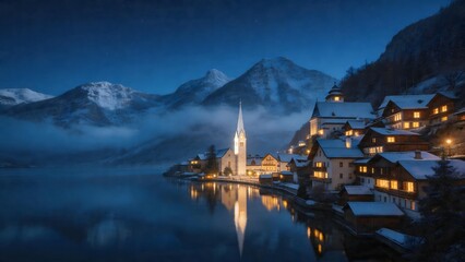 Obraz premium Snowy mountain village by lake at night
