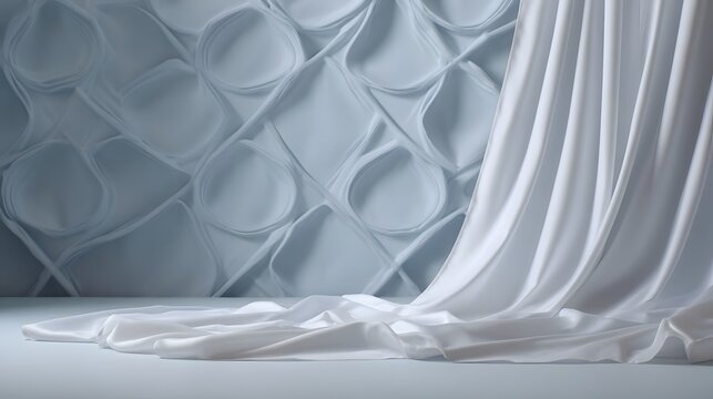 Elegant white draped fabric cascades against a light gray geometric patterned wall backdrop creating a modern and sophisticated studio setting