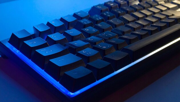 Blue illuminated mechanical keyboard close-up