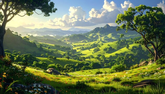 Sunlit rolling green hills
