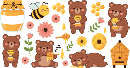 Cute Cartoon Bears with Honey Jars, Bees, and Flowers for Sweet Nature and Honey Production Design © MstRabeya