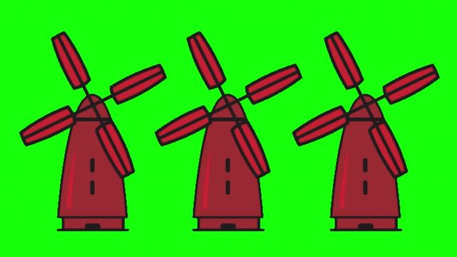 Animated Three Red Windmills Spinning on Green Screen Background