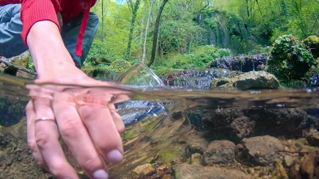 A person in a red jacket kneels by a clear stream, gently filling a glass with pristine, flowing water. The lush greenery of the forest and the tranquil sounds of nature provide.