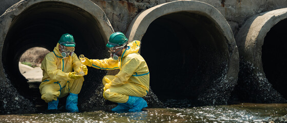 Environmental Workers Inspecting Polluted Wastewater Drainage Tunnel In Coastal Industrial Area During Contamination Monitoring Process © DJ Creative Studio