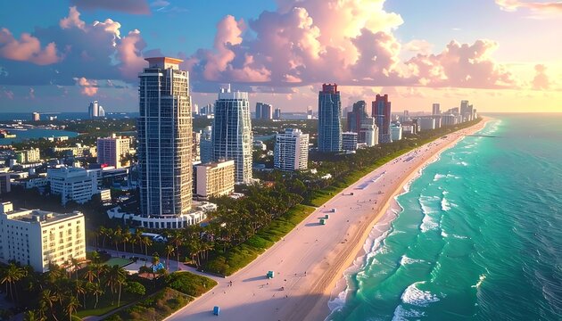 Sunny beach city with skyscrapers and waves. Pastel sky