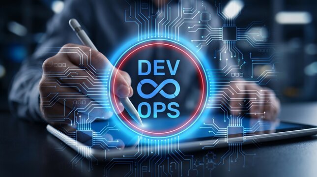 A person's hand holding a stylus interacts with a digital interface displaying the DevOps logo and circuit board graphics representing software development 188 characters