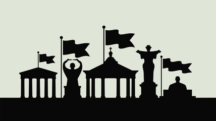 Silhouetted cityscape with statues flags and architectural structures against a pale background © MdSafi
