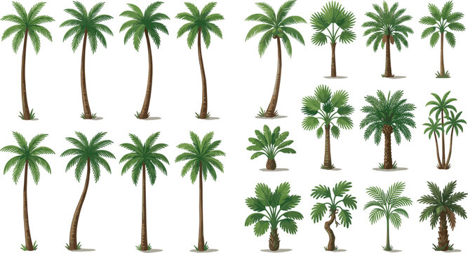 Collection of Various Palm Trees Including Coconut, Date, and Tropical Palms with Different Shapes and Heights for Nature, Garden, and Landscape Concepts