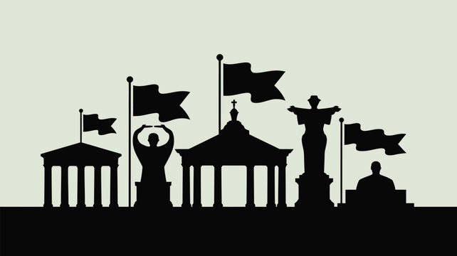 Silhouetted cityscape with statues flags and architectural structures against a pale background