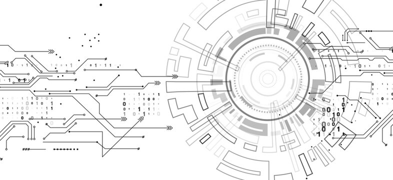 Abstract digital technology background featuring intricate circuit board patterns, electronic network lines, binary code 0 and 1, leading to a futuristic circular interface design.