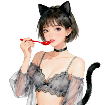 [Transparent Background PNG]Watercolor cat girl holding red spoon wearing lace lingerie