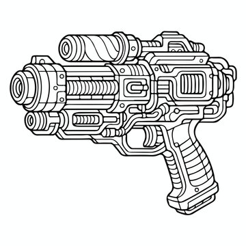 Detailed line art drawing of a futuristic science fiction blaster weapon designed for space battles in an interstellar adventure story