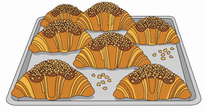 A baking tray holds seven golden croissants, drizzled with chocolate and topped with nuts