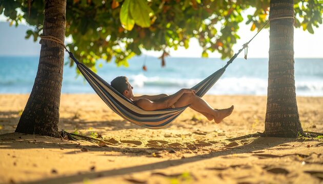 Person relaxing in a beach hammock under a tree