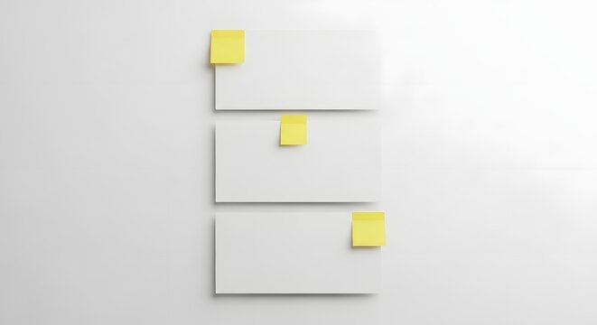 Three blank white sticky notes with yellow post it notes on a gray background