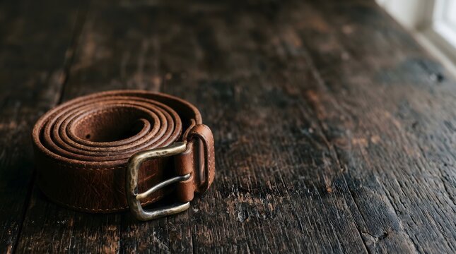 Rolled genuine leather men's belt with a vintage metal buckle. Close-up on a dark, textured wooden surface with natural light.