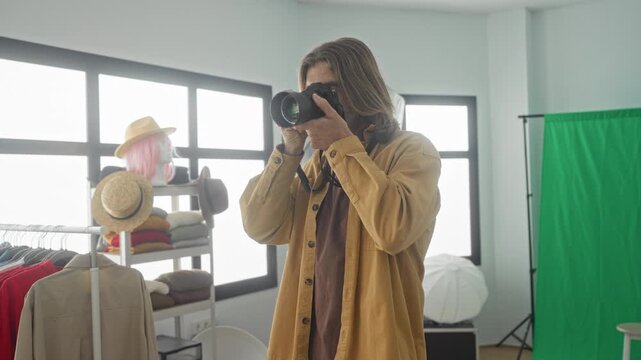 Man holding camera and smiling in a bright studio with green screen and clothing rack near windows; creative calm.