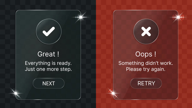Liquid Glass Success and Error Popup UI Screens with Checkmark and Cross Icons, Modern Glassmorphism Notification Interface Vector Illustration