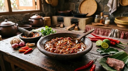 Obraz premium Authentic Indonesian spicy sambal with fresh red chilies, garlic, and shallots. Traditional kitchen setting with mortar, pestle, and lime on a dark wooden surface.