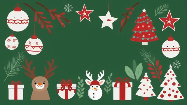 Festive Christmas Greeting Card with Ornaments, Gifts, Trees, and Reindeer on a Green Background
