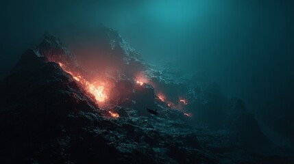 Fototapeta premium Underwater volcano with glowing magma and exploration submarine deep sea cinematic scene