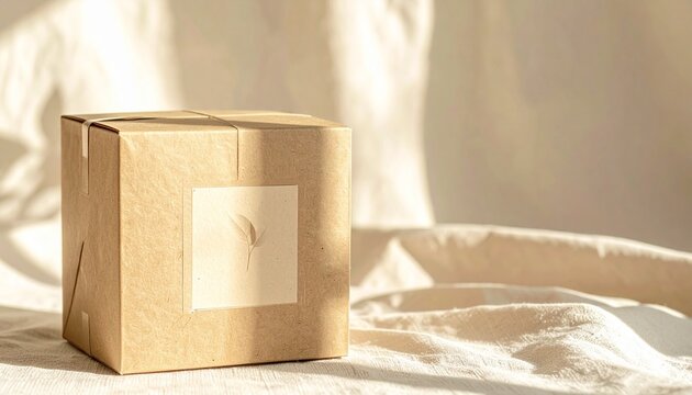 Plain brown cardboard gift box on fabric
