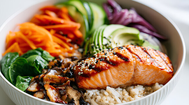 Korean DASH fusion bibimbap with brown rice vegetables and grilled salmon showcasing heart healthy wellness dining and balanced nutrition concept