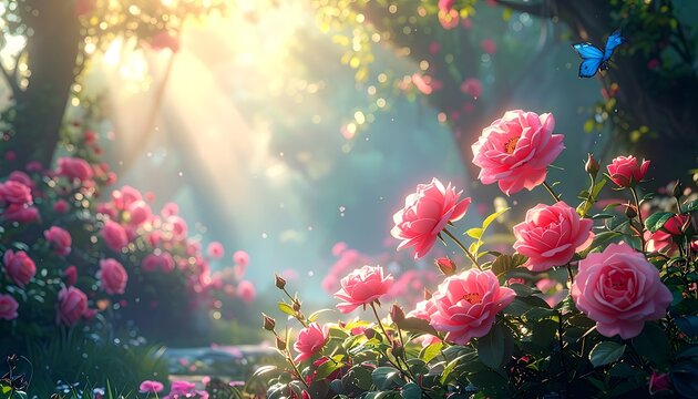 Sunlit rose garden blooms line a path amidst greenery, with a blue butterfly flitting in the bright, luminous air