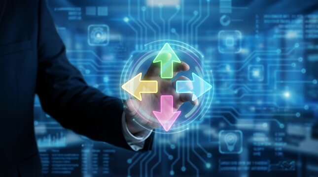 A businessman's hand interacts with a glowing holographic interface displaying directional arrows and circuit board graphics symbolizing decision making and technology choice