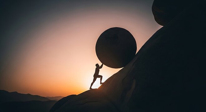 Determined silhouette of person pushing massive boulder up rocky hill at golden hour sunset, symbolizing perseverance and effort