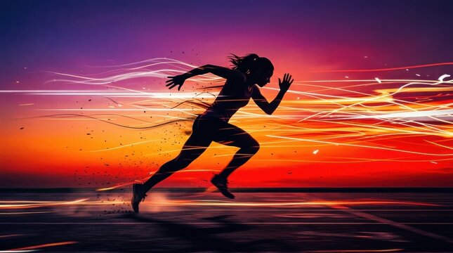 A silhouetted runner sprints across a track during a vibrant sunset.