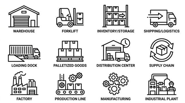Logistics and Supply Chain Icons Set Warehouse Forklift and Factory.