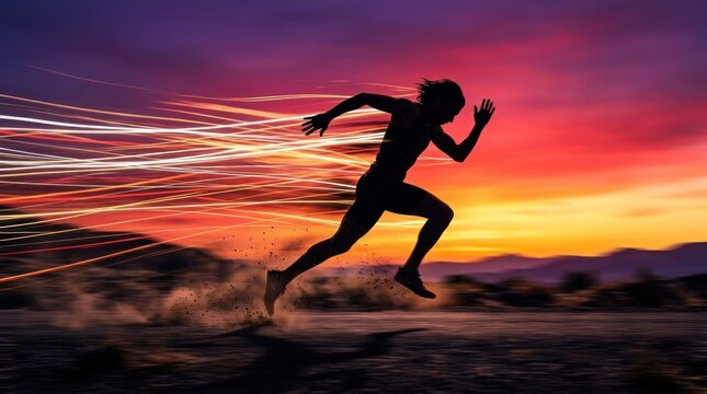 A silhouetted runner leaps forward against a vibrant, dramatic sunset.