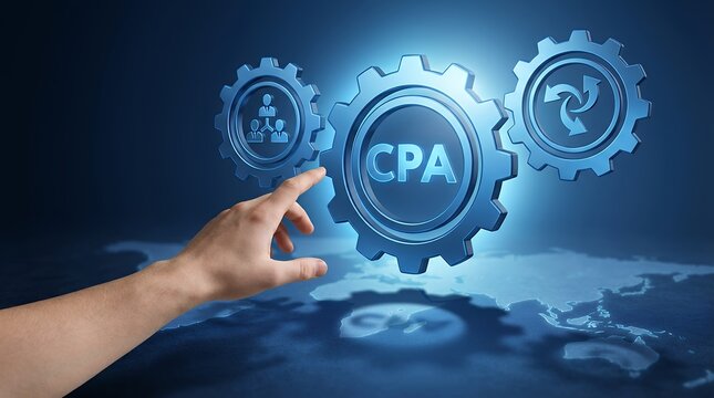 Human finger interacts with interlocking gears featuring CPA human icons and a recycling symbol overlaid on a world map 159 characters cost per acquisition cogwheels interaction