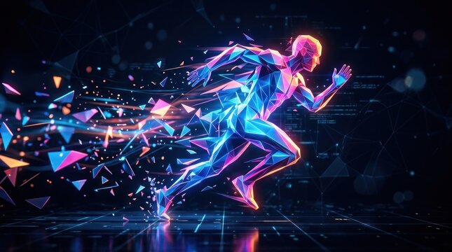 A vibrant, futuristic figure of a runner is depicted breaking apart into geometric shapes of neon pink, blue, and purple.