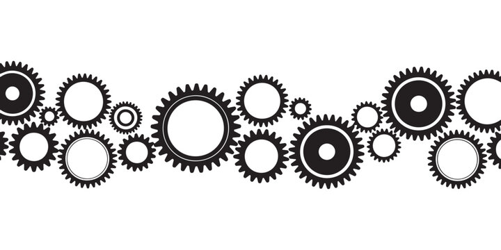 Chain of various black mechanical gears and cogwheels forming horizontal border on transparent grid background.