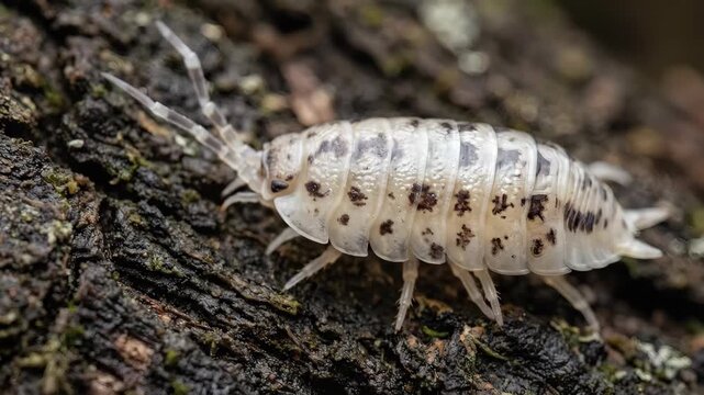 Detailed Macro Shot of a Woodlouse Crawling on Tree Bark Surface.