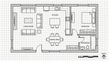 Blueprint floor plan of a modern apartment with living room kitchen and bedroom. © Adoh