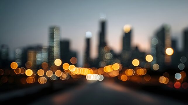 Bokeh lights streak across an urban boulevard defining the dramatic and mysterious glow of a modern cityscape at night