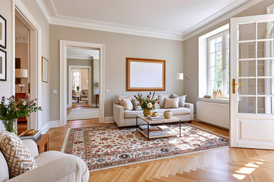 Stilvolles Poster Mockup in einem bewohnten Wohnzimmer mit elegantem Rahmen Mockup, Sofa, Teppich, B&uuml;cherregalen und nat&uuml;rlichem Tageslicht zur realistischen Pr&auml;sentation von Wandkunst und Kunstdrucke