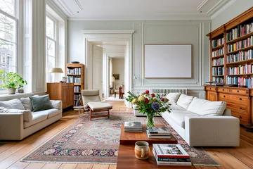 Stilvolles Poster Mockup in einem bewohnten Wohnzimmer mit elegantem Rahmen Mockup, Sofa, Teppich, Bücherregalen und natürlichem Tageslicht zur realistischen Präsentation von Wandkunst und Kunstdrucke © shokokoart