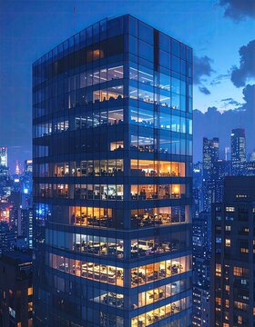 Towering glass skyscraper glows with warm office lights at dusk
