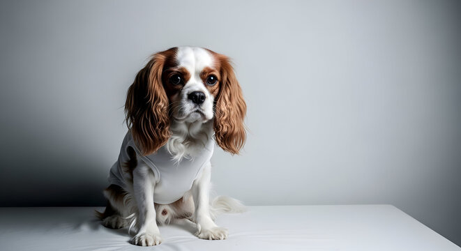 A brown and white cavalier king charles spaniel sitting on a white surface