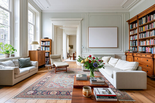 Stilvolles Poster Mockup in einem bewohnten Wohnzimmer mit elegantem Rahmen Mockup, Sofa, Teppich, B&uuml;cherregalen und nat&uuml;rlichem Tageslicht zur realistischen Pr&auml;sentation von Wandkunst und Kunstdrucke