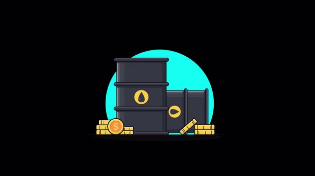 Barrels and Coins with Rising Arrow. Oil Price Rise Concept Animation Video - Transparent
